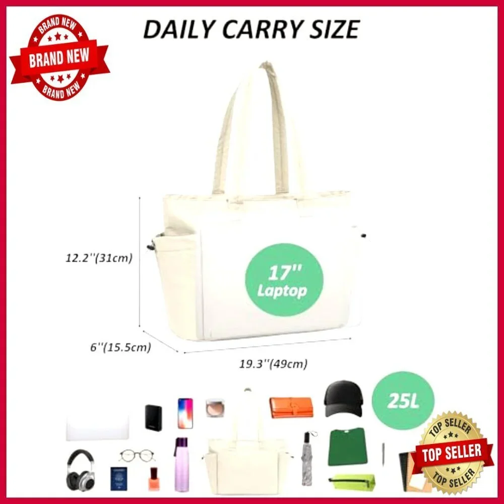 Large Puffer Tote Bag with Zipper, 8 Pockets, Lightweight Work Travel Bag
